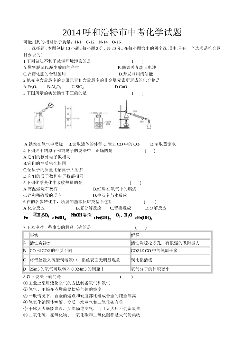 2014呼和浩特中考化学_第1页