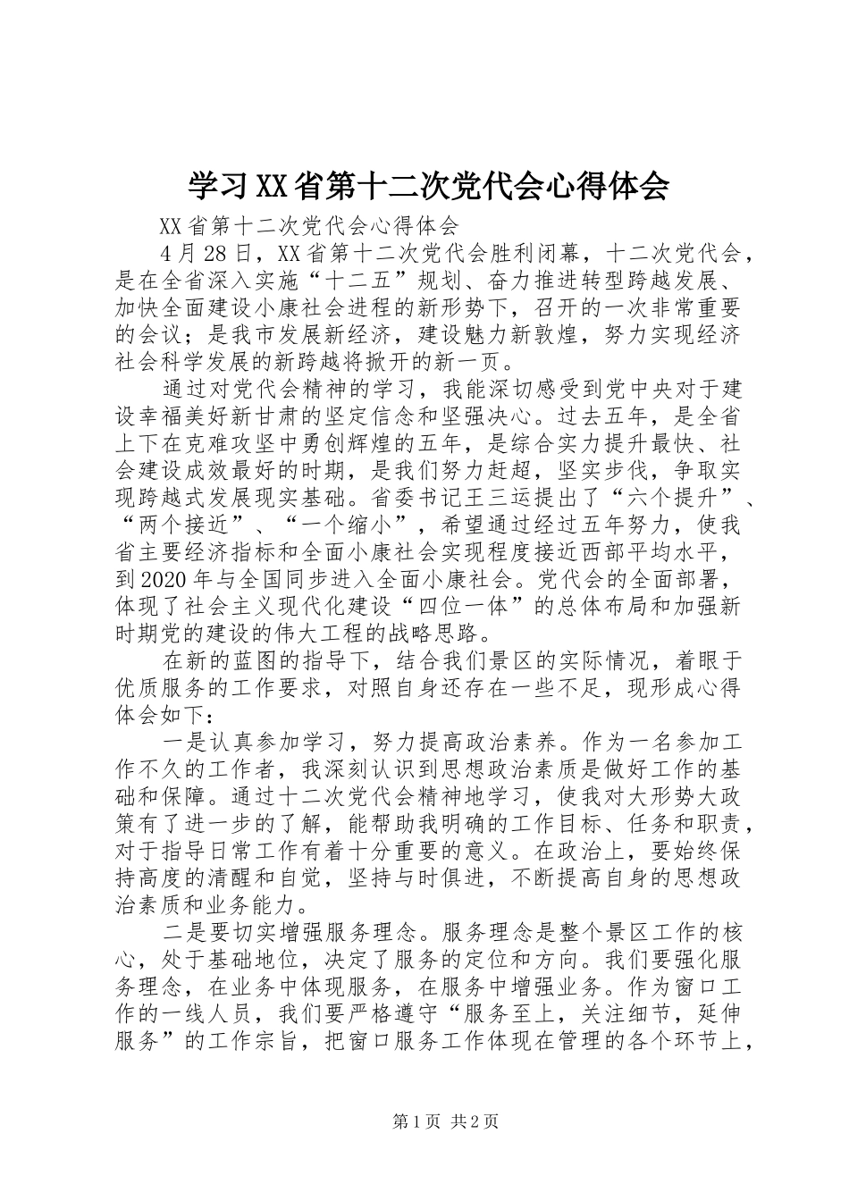 学习XX省第十二次党代会心得体会 _第1页