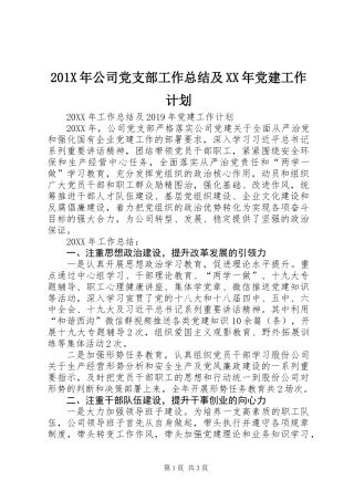 201X年公司党支部工作总结及XX年党建工作计划