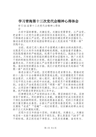 学习青海第十三次党代会精神心得体会 