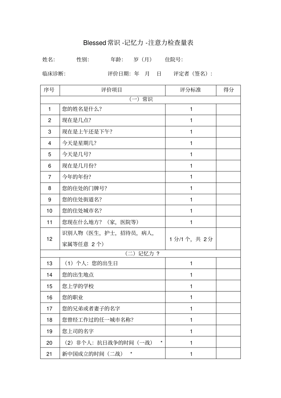 Blessed常识注意力记忆力评定量表_第1页