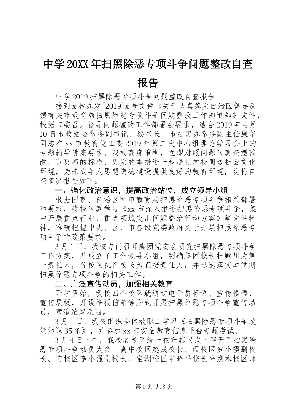 中学20XX年扫黑除恶专项斗争问题整改自查报告 (2)_第1页