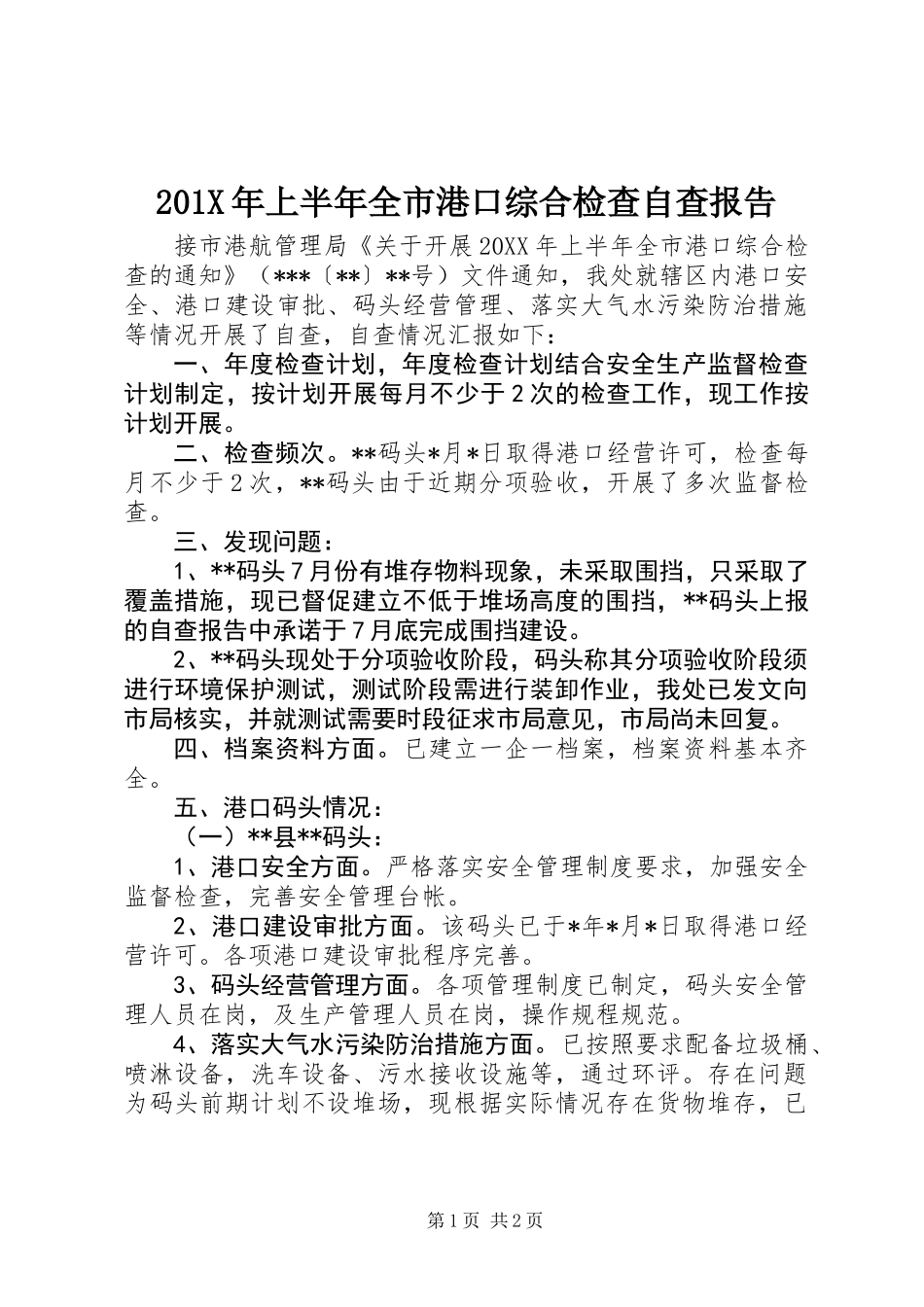 201X年上半年全市港口综合检查自查报告_第1页