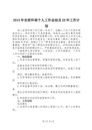 201X年安质环部个人工作总结及XX年工作计划