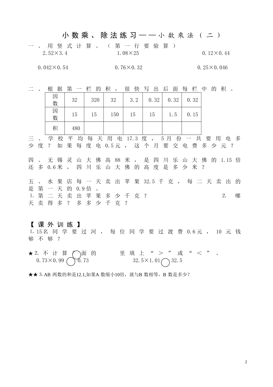 人教版-五年级上册数学(小数乘除法)练习、复习、测试题_第2页