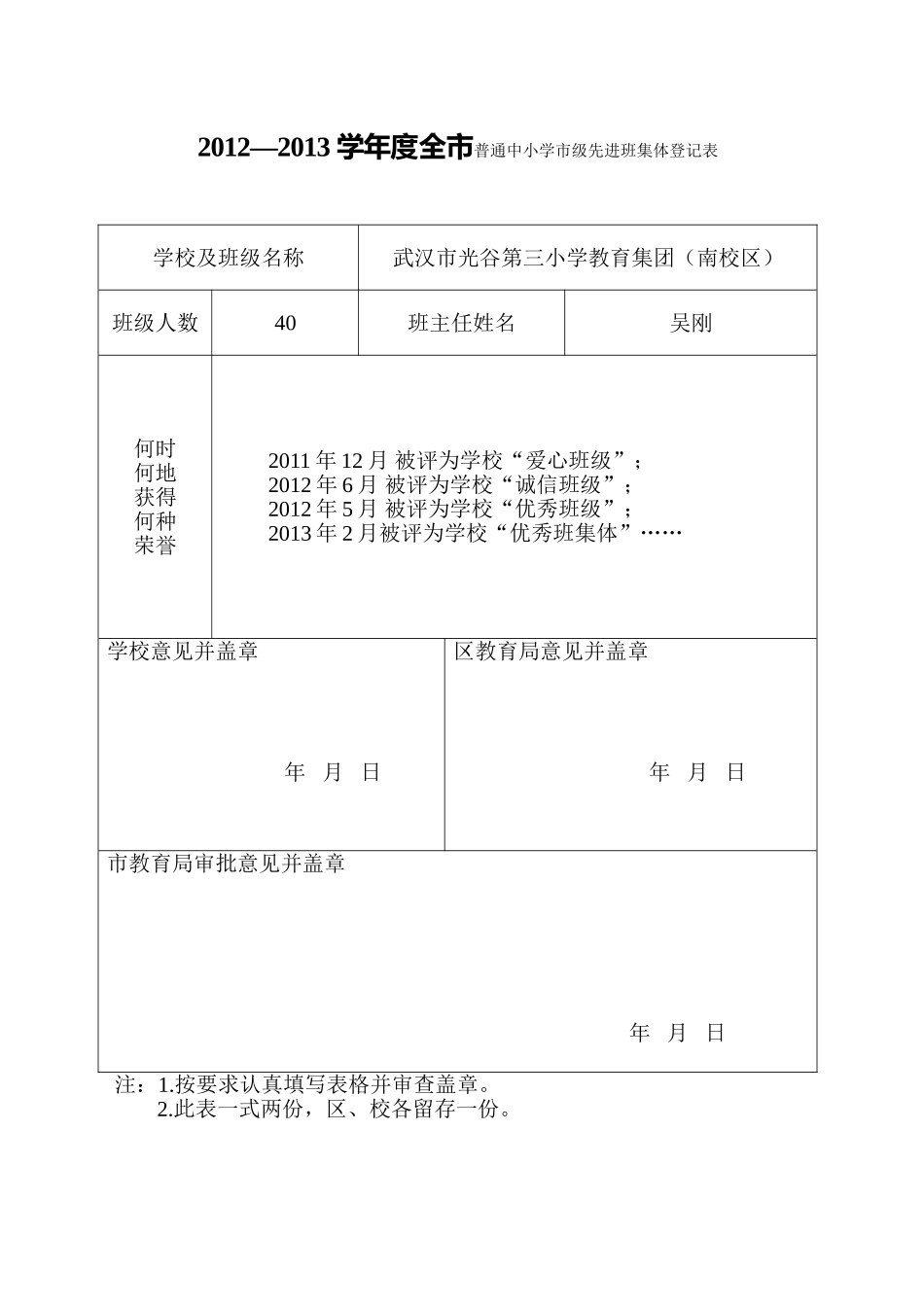 2013春405市优秀班集体登记表_第1页