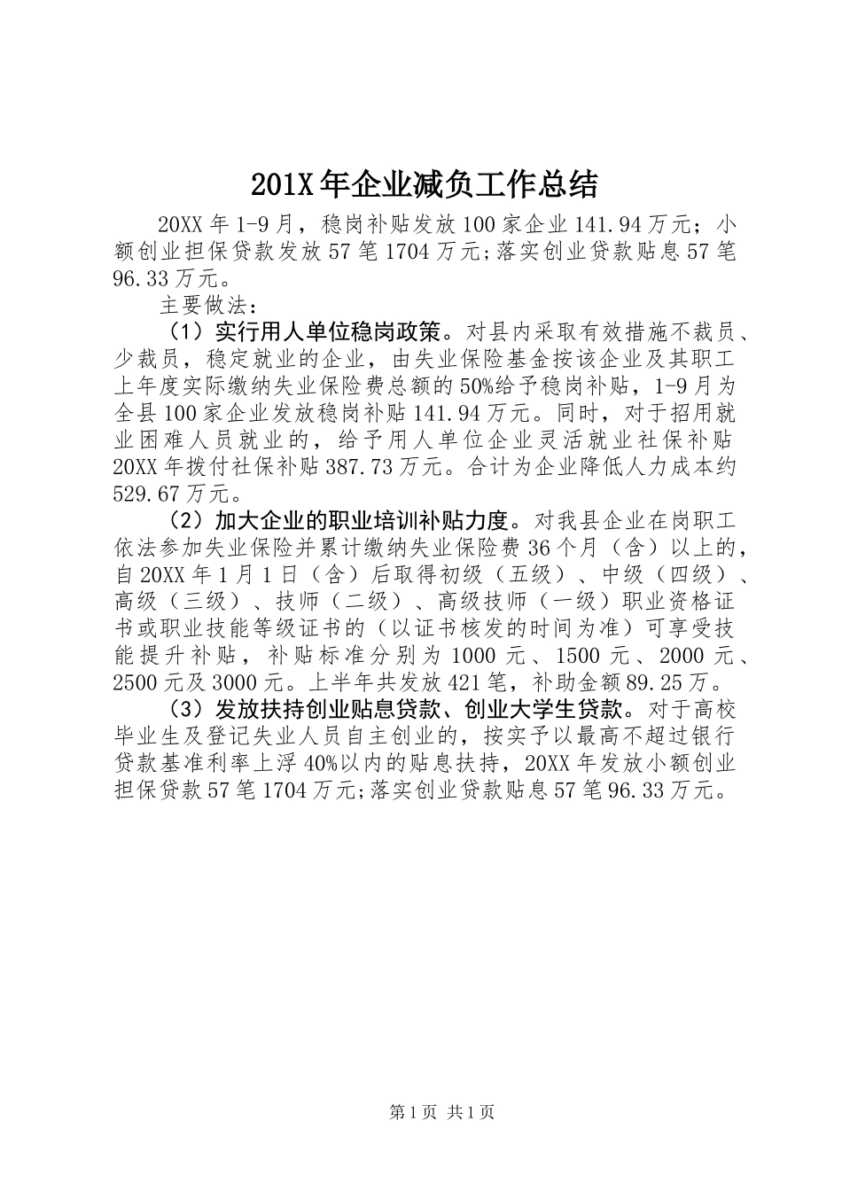 201X年企业减负工作总结_第1页