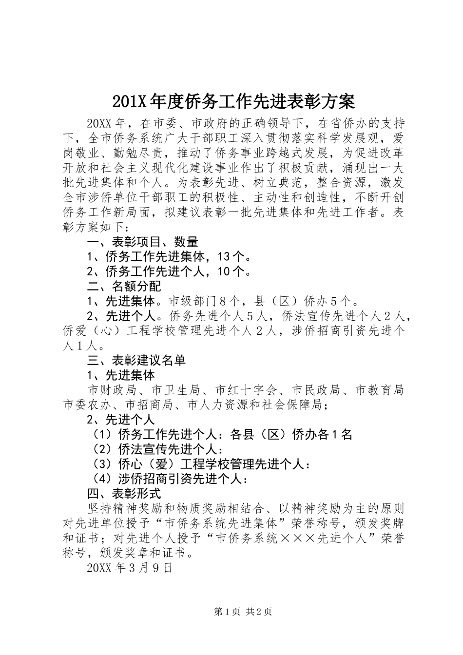201X年度侨务工作先进表彰方案_第1页