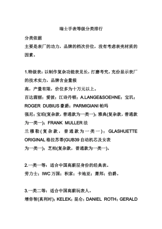 瑞士手表等级分类排行