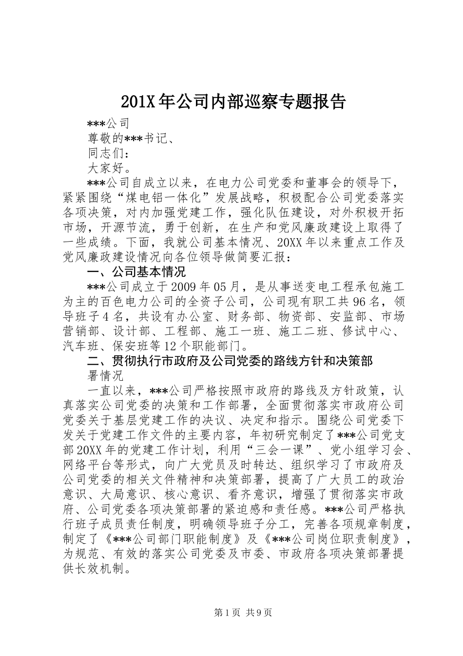 201X年公司内部巡察专题报告_第1页