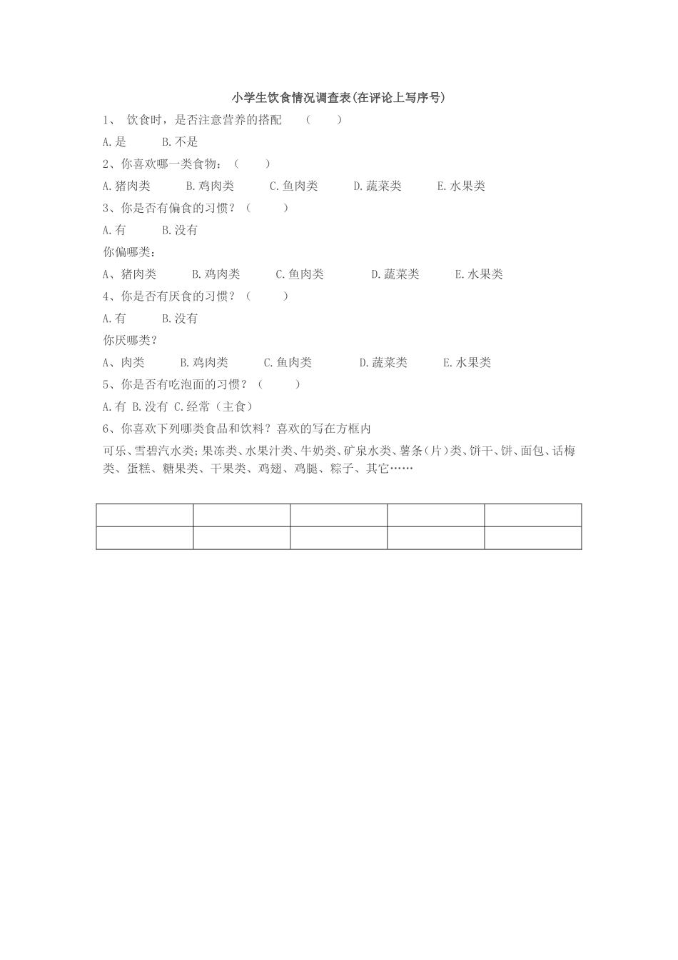 小学生饮食情况调查表_第1页