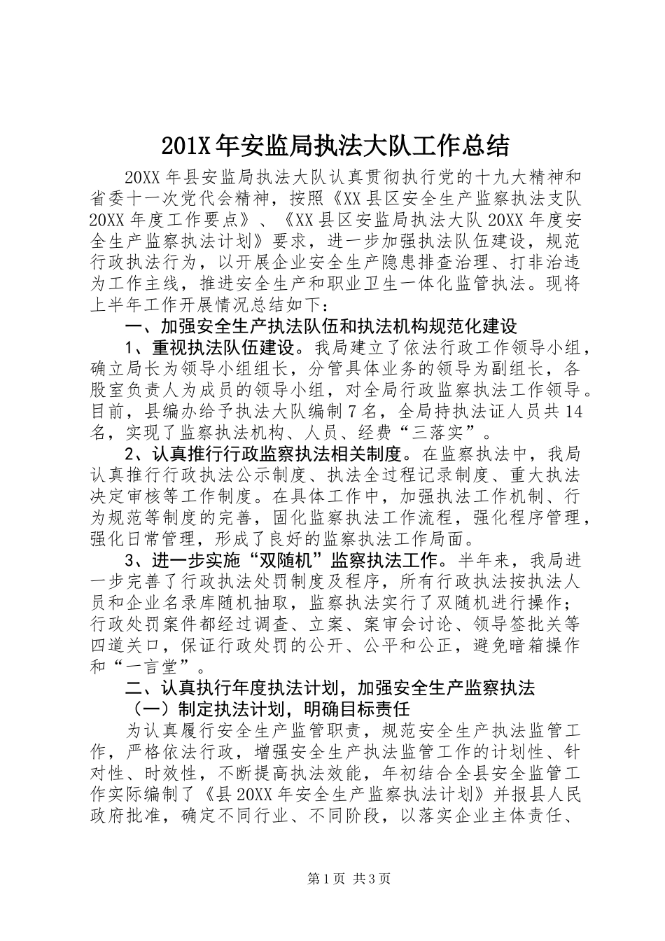 201X年安监局执法大队工作总结_第1页