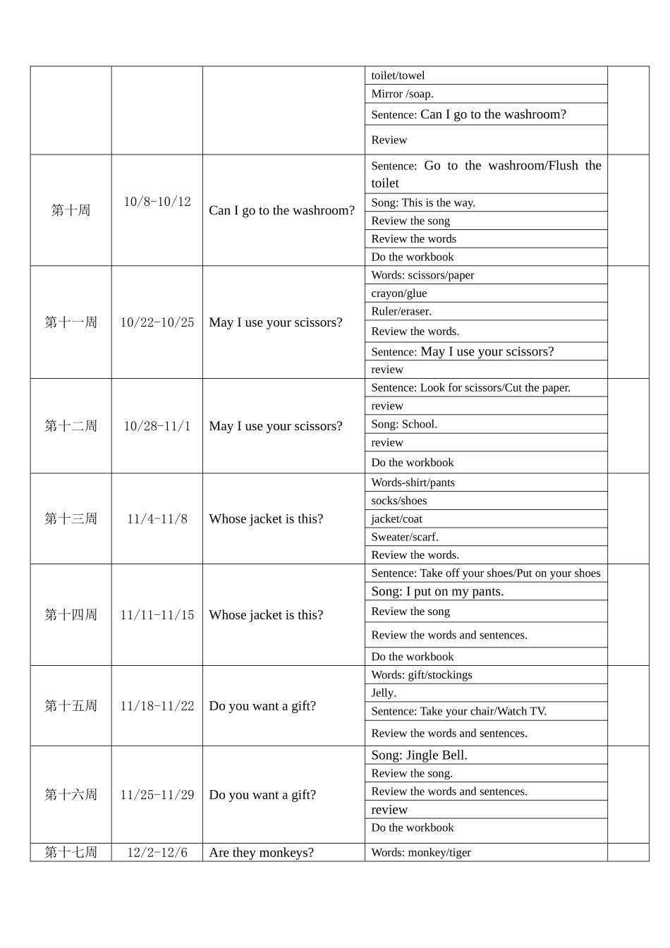 2013第一学期中班崔冬美语教学进度表_第2页