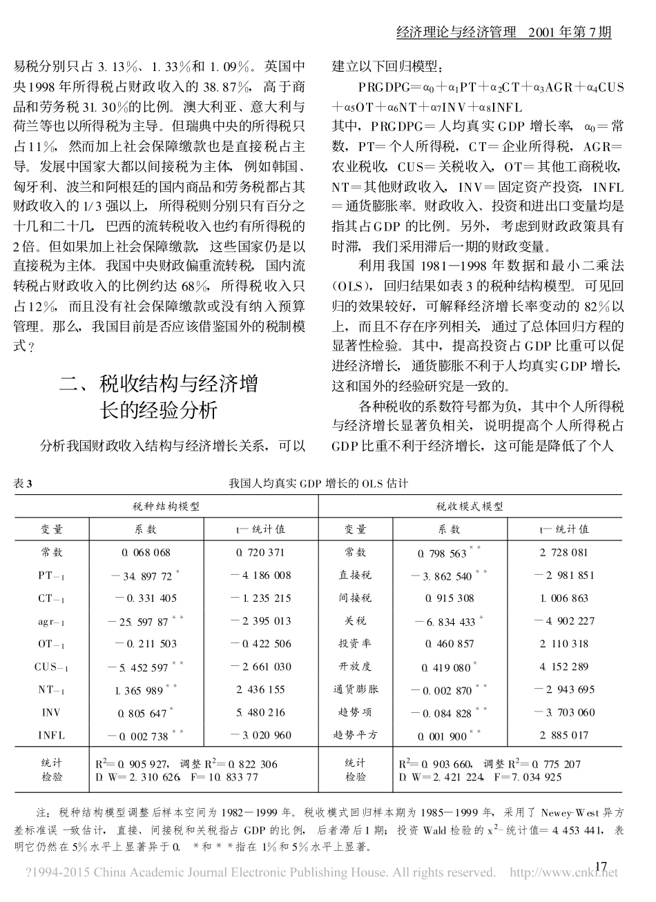 税收结构与经济增长的实证分析_兼论我国的最优直接税_间接税结构_马栓友_第3页