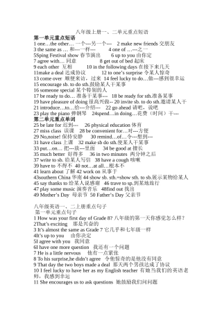 八年级上册一、二单元必备短语和句子