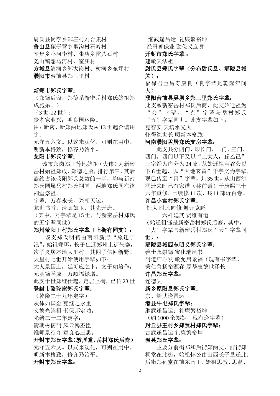 全国郑氏辈分用字各地分布_第2页