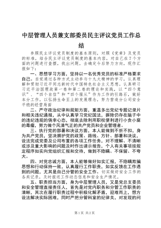 中层管理人员兼支部委员民主评议党员工作总结
