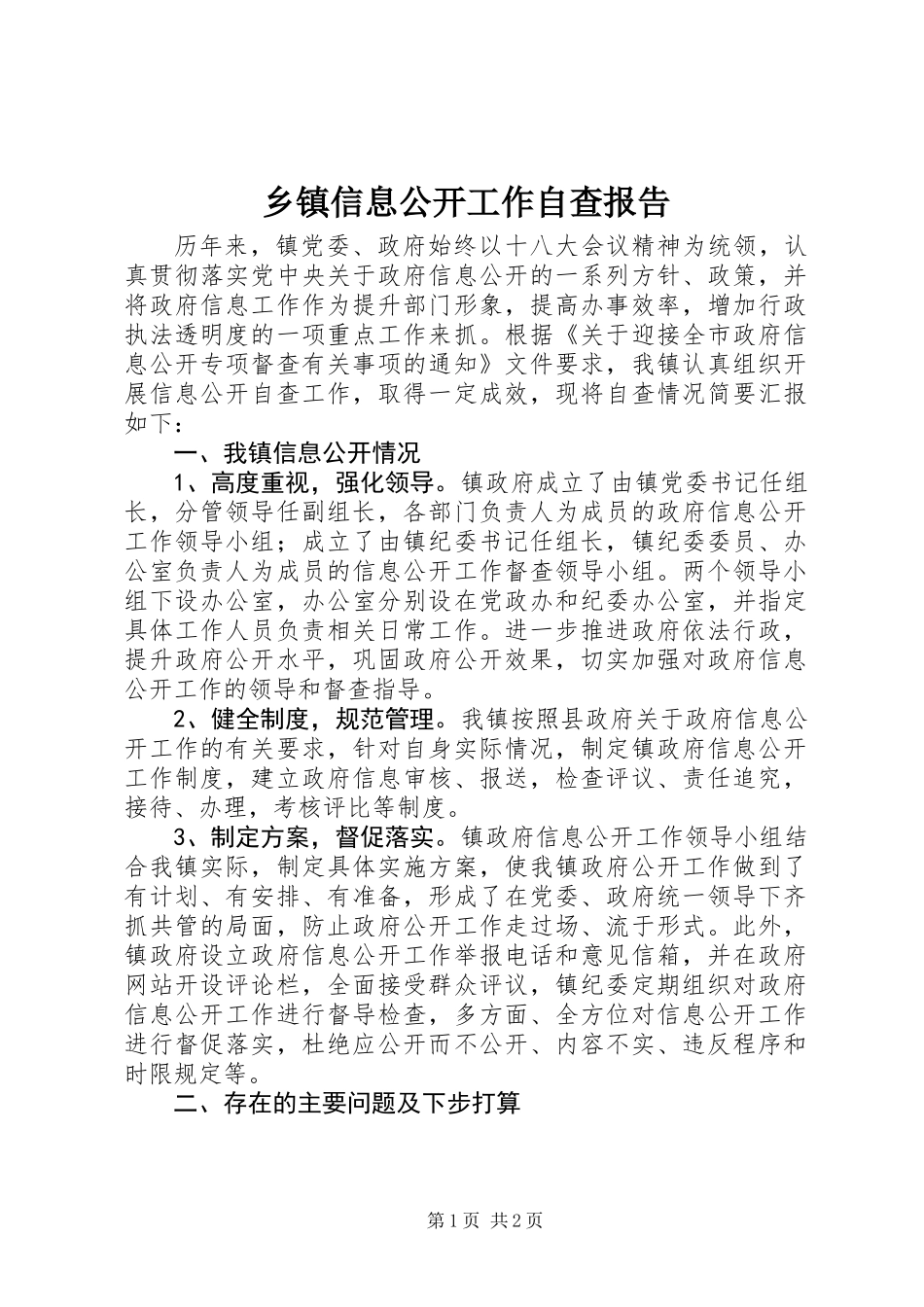 乡镇信息公开工作自查报告_第1页