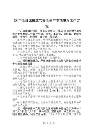 XX年全县城镇燃气安全生产专项整治工作方案