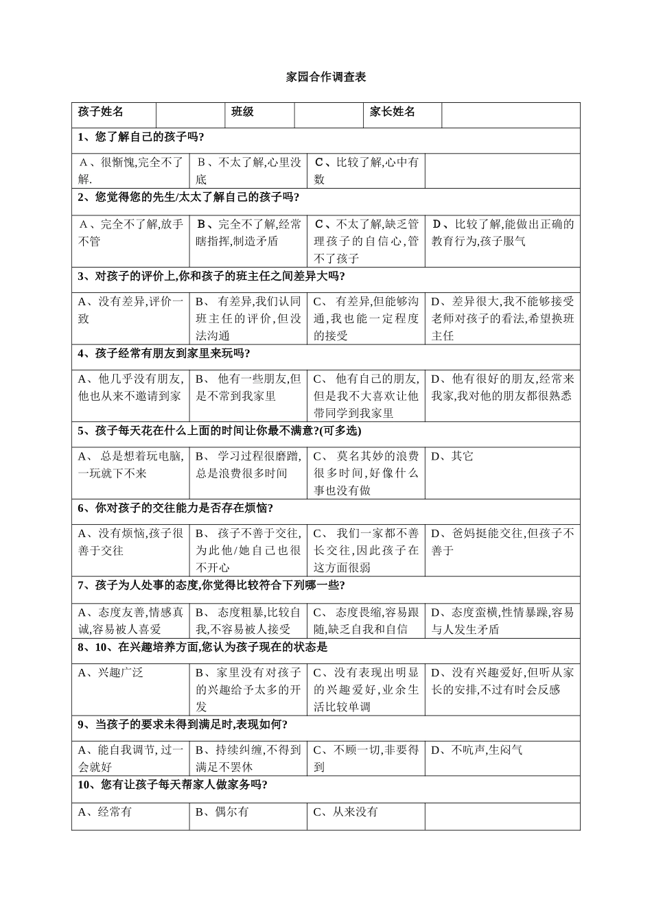 家园合作调查表_第1页