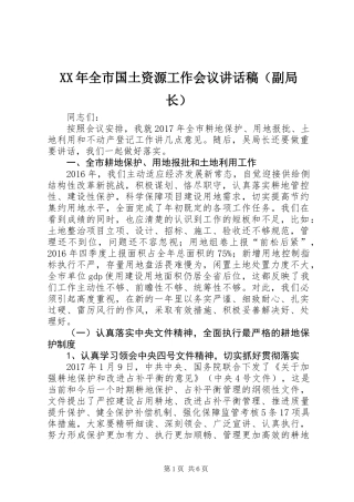 XX年全市国土资源工作会议讲话稿（副局长）
