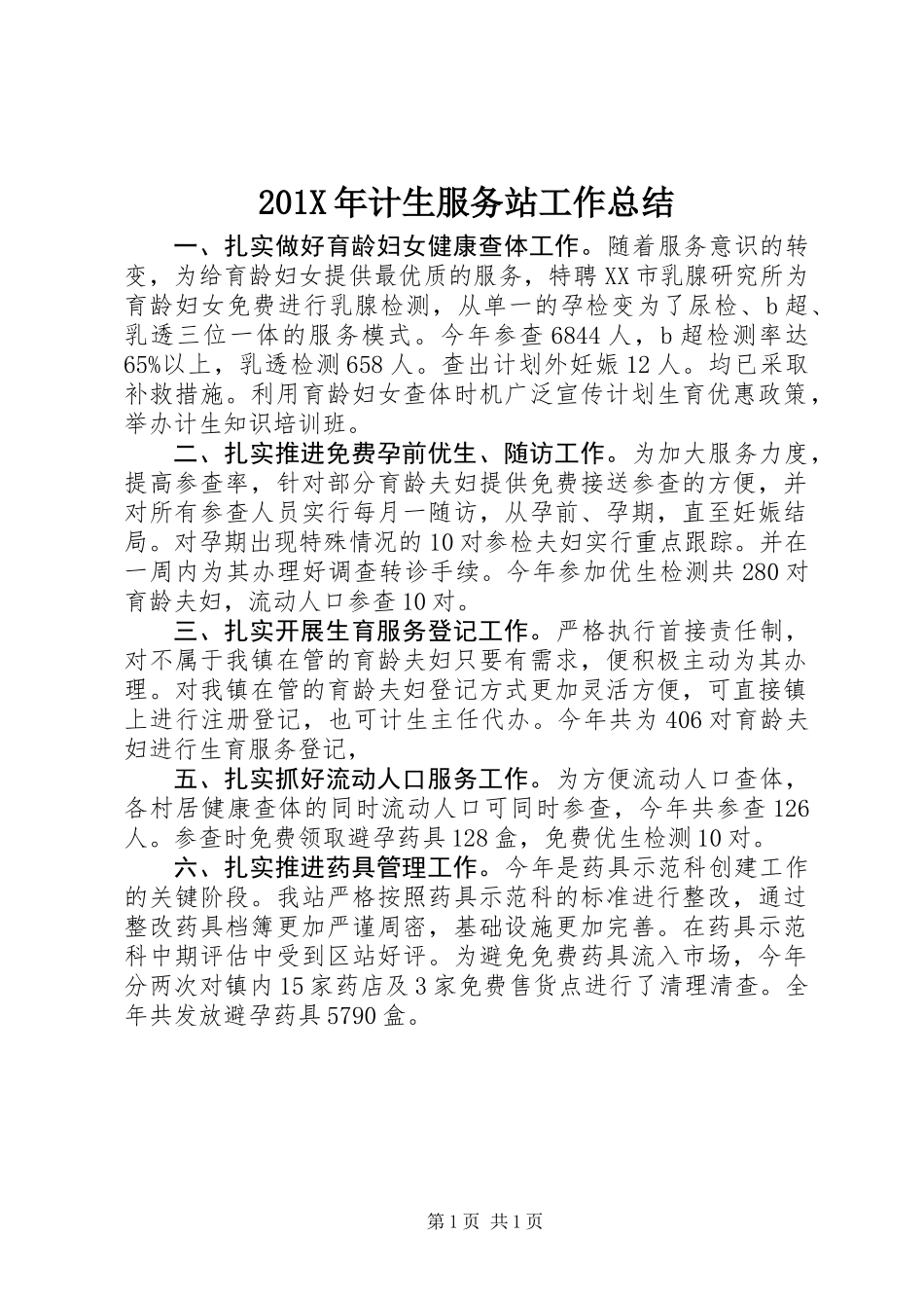 201X年计生服务站工作总结_第1页