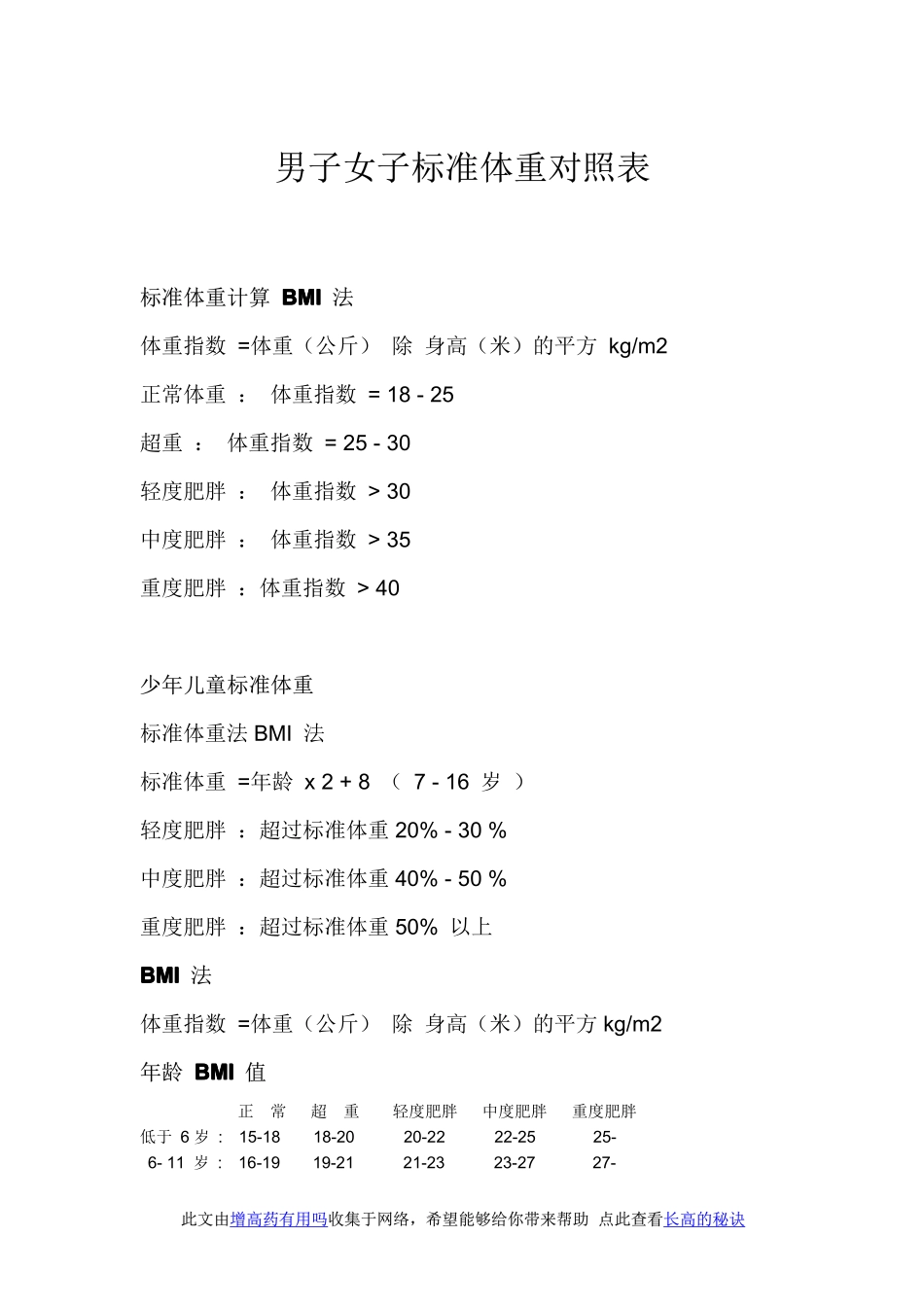 男子女子标准体重对照表_第1页