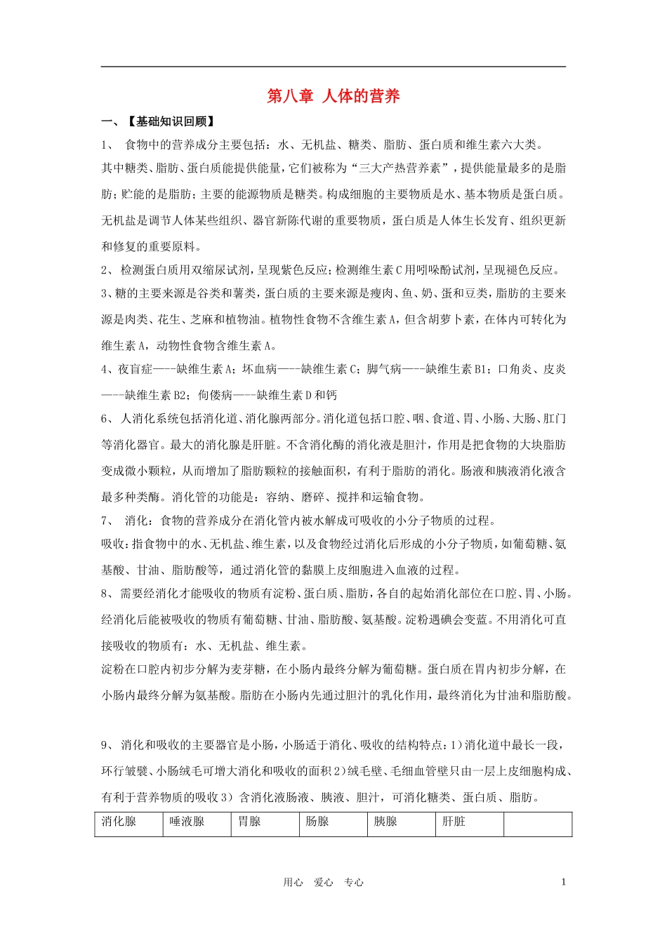 七年级生物下册 第4单元第8章人体的营养复习学案(无答案) 北师大版_第1页