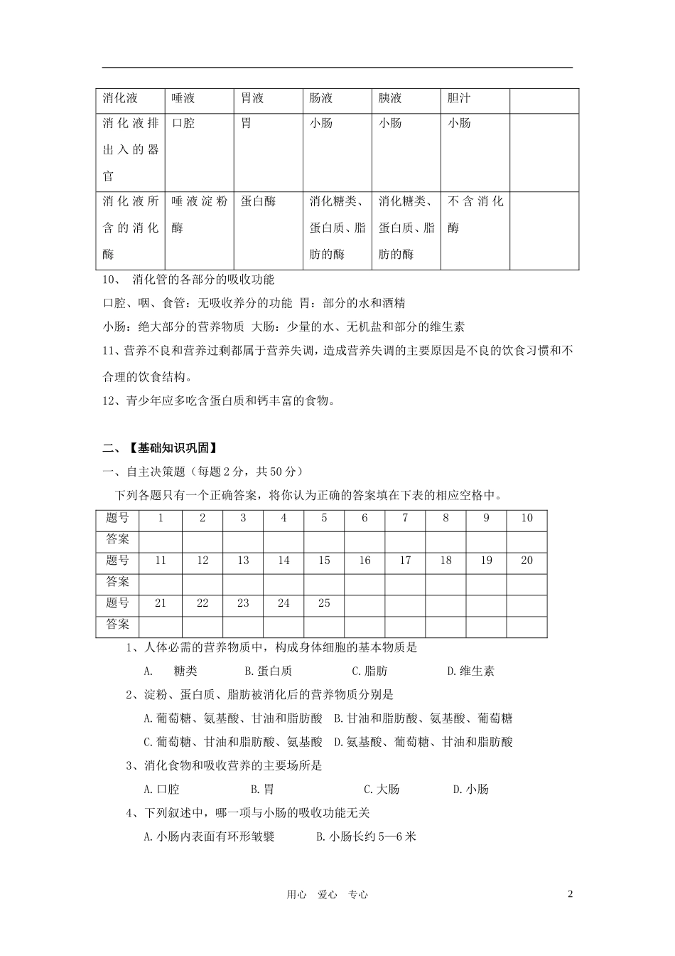 七年级生物下册 第4单元第8章人体的营养复习学案(无答案) 北师大版_第2页