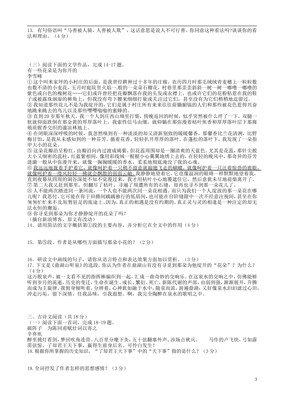 安徽省六安市城南中学2014届九年级语文上学期期末考试预测试题新人教版_第3页