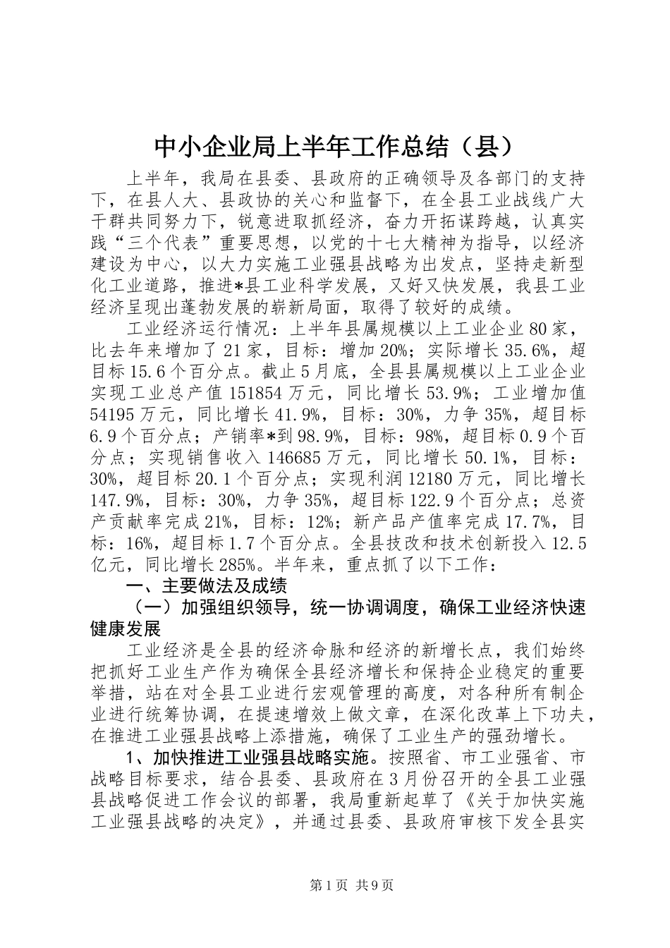 中小企业局上半年工作总结(县)_第1页