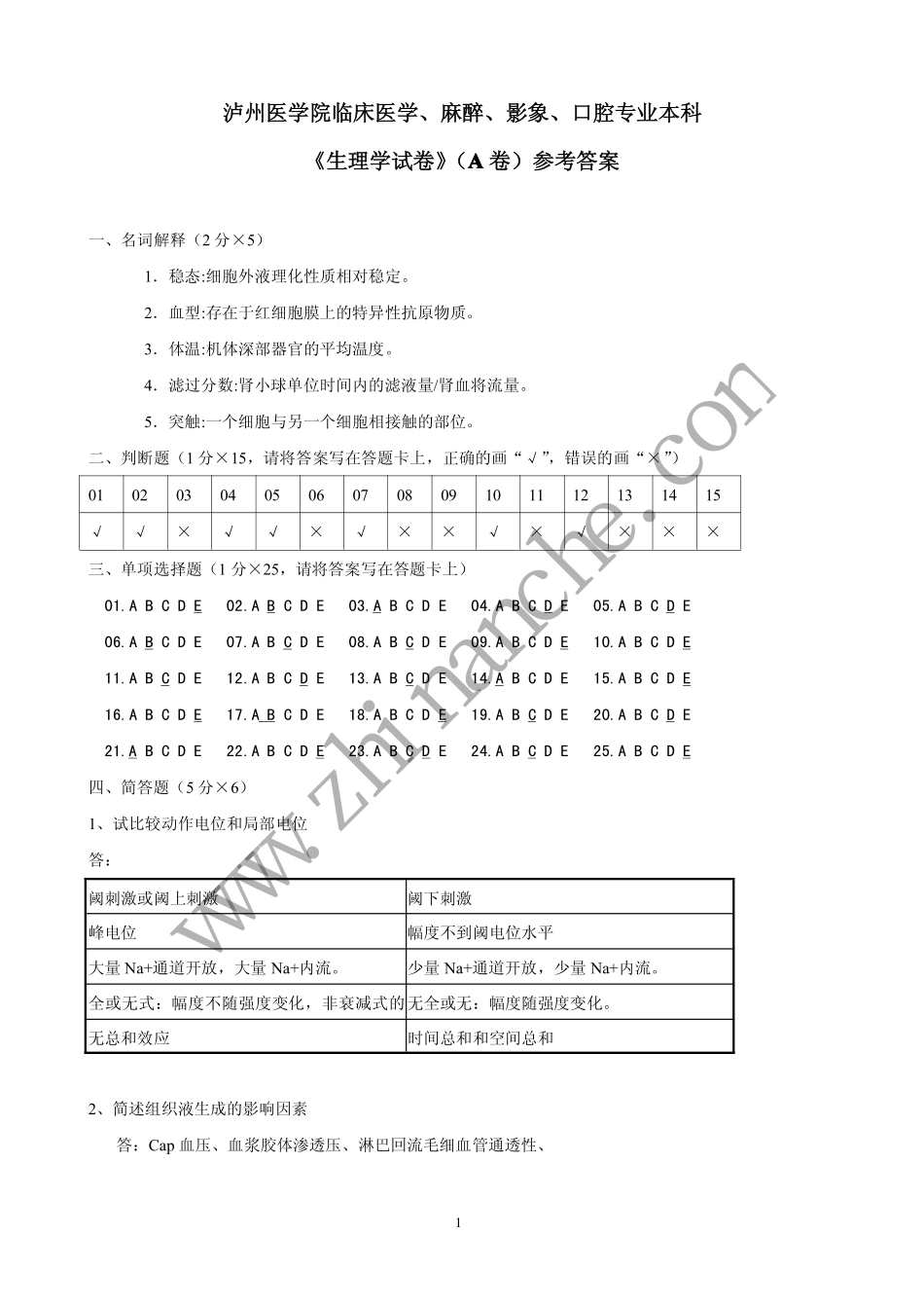 泸州医学院生理学试题A(含答案)_第1页