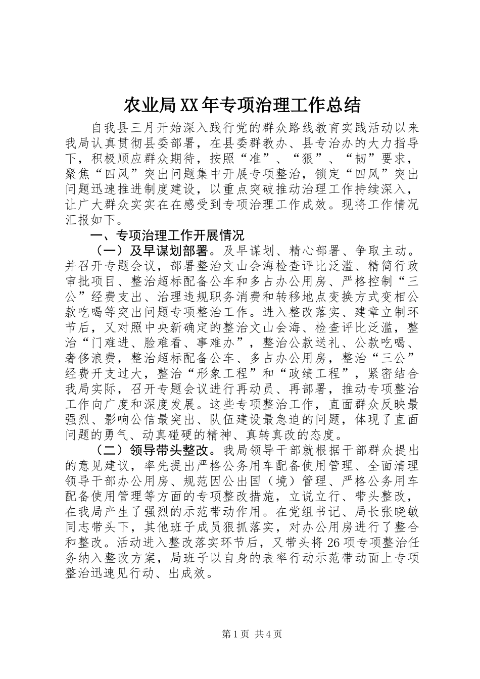 农业局XX年专项治理工作总结_第1页