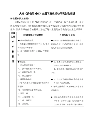 大班《我们的城市》主题下游戏活动环境创设计划