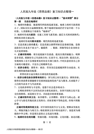 人民版九年级思想品德复习知识点整理一