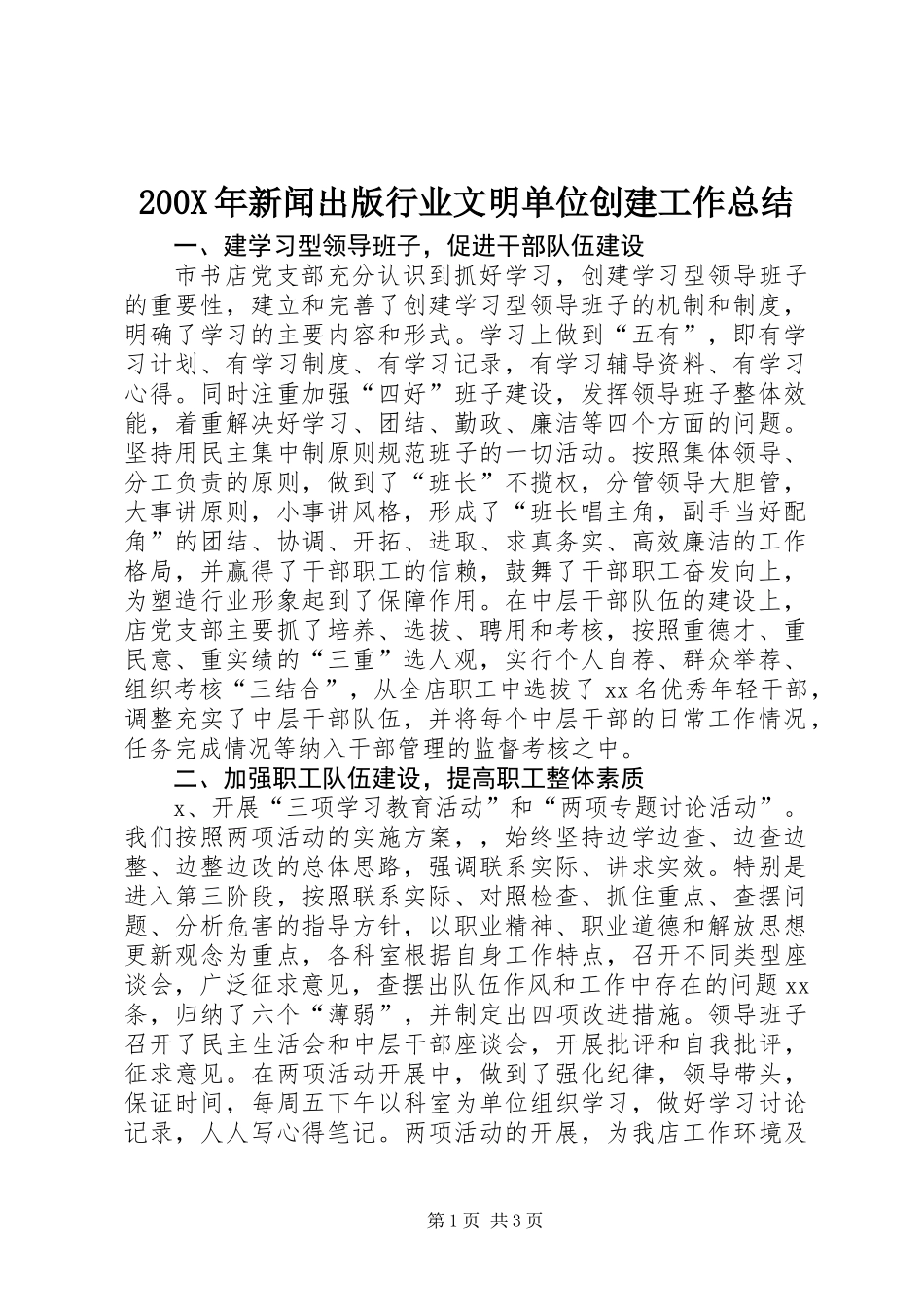 200X年新闻出版行业文明单位创建工作总结_第1页