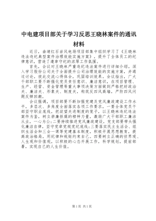 中电建项目部关于学习反思王晓林案件的通讯材料