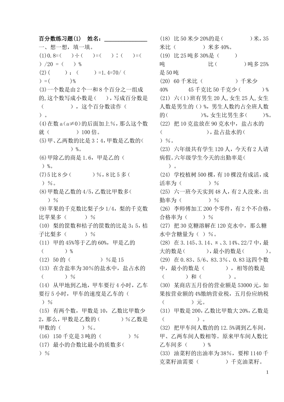 六年级百分数应用练习题_第1页