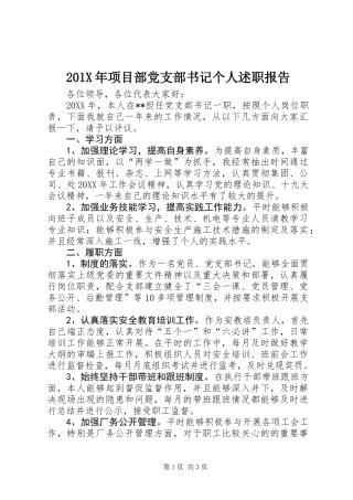 201X年项目部党支部书记个人述职报告
