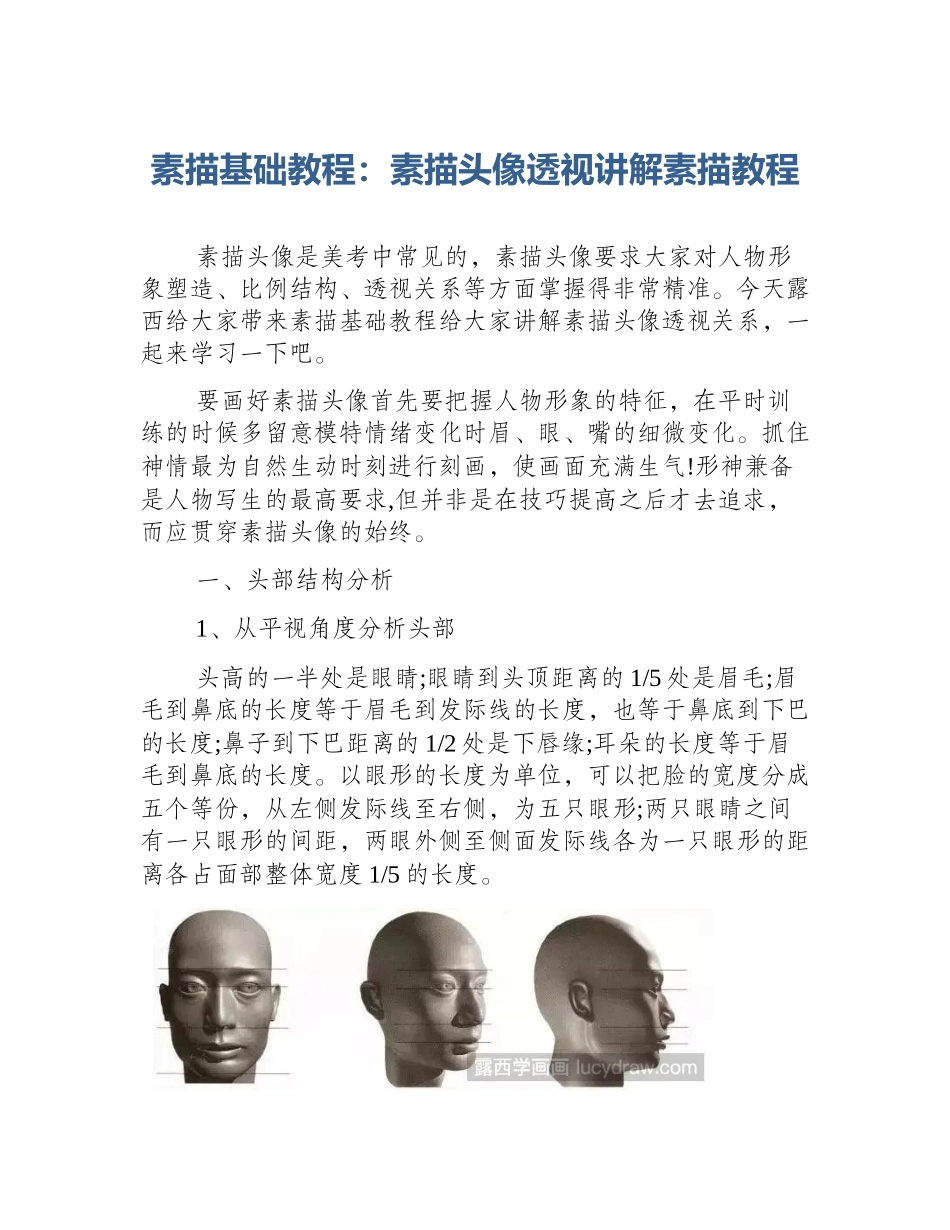 素描基础教程：素描头像透视讲解素描教程_第1页