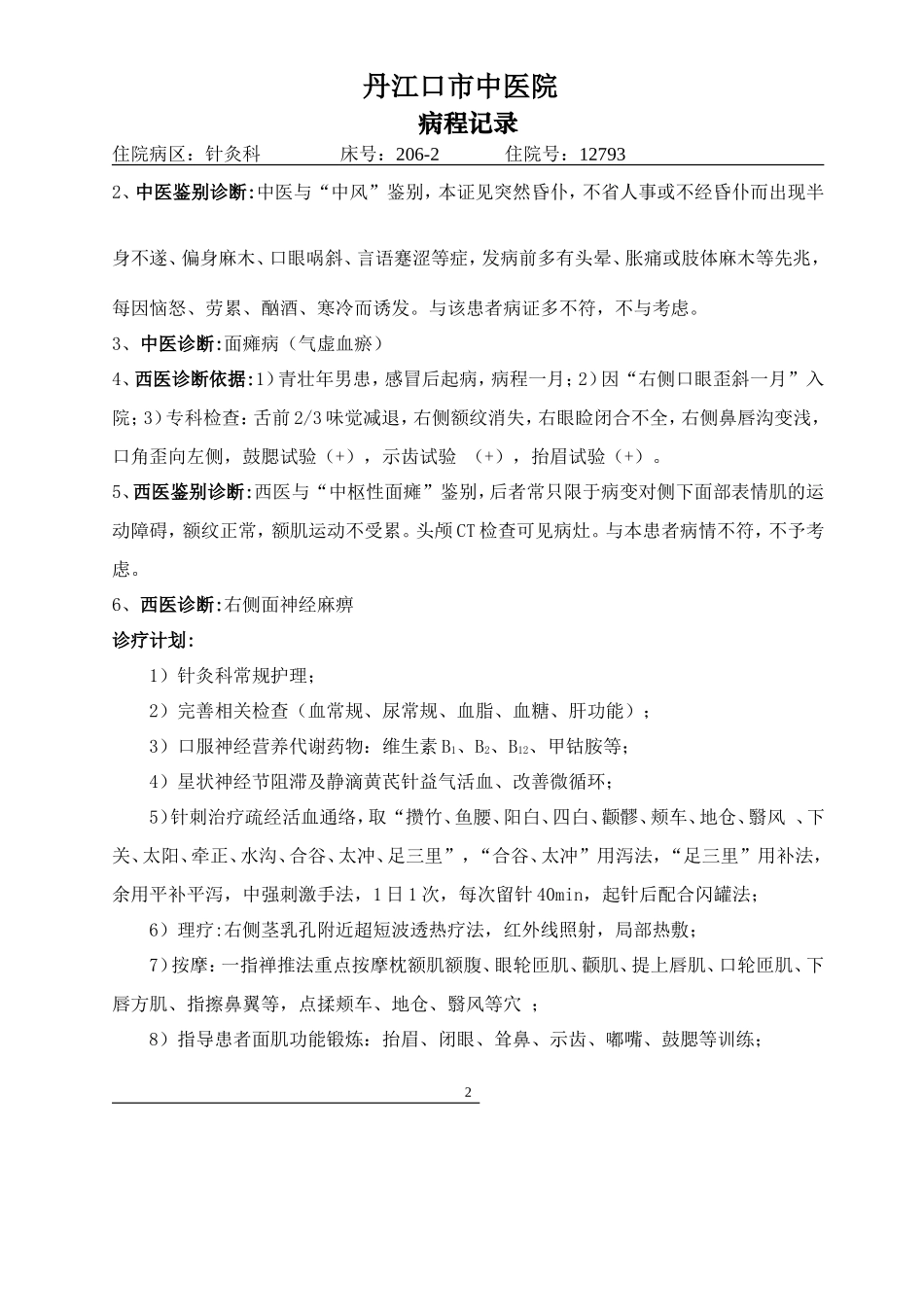 面神经炎(面瘫病)病程模板_第2页