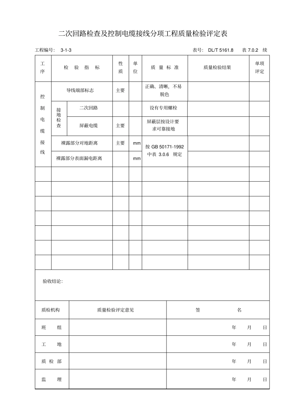 DLT5168表702二次回路检查及控制电缆接线分项工程质量检验评定表1_第2页