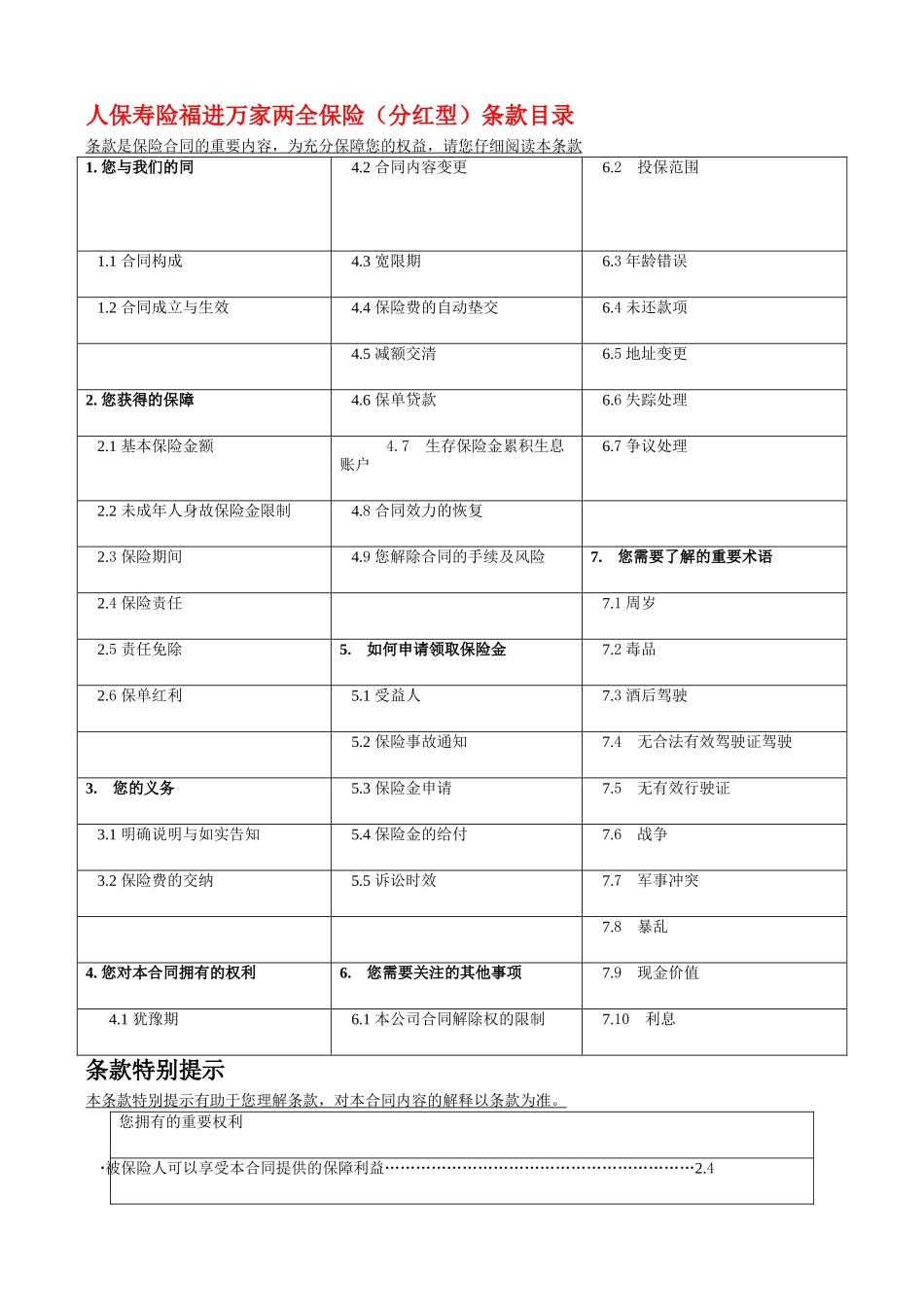 人保寿险福进万家两全保险(分红型)条款目录_第1页
