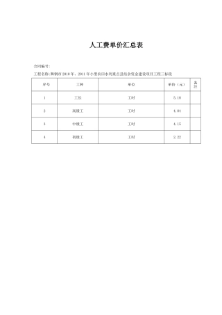 人工费单价汇总表