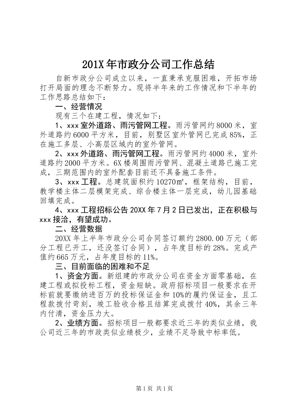 201X年市政分公司工作总结_第1页