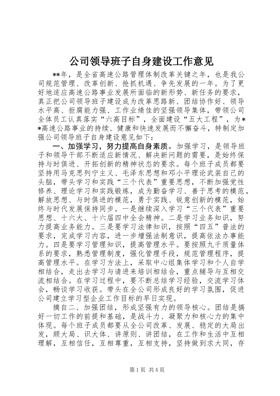 公司领导班子自身建设工作意见_第1页