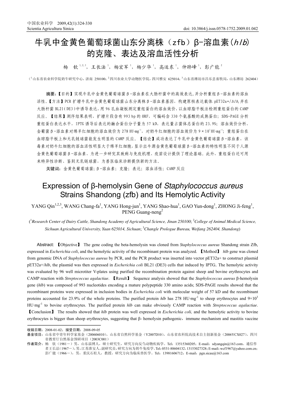 牛乳中金黄色葡萄球菌山东分离株(zfb)β-溶血素(hlb)的克隆,表达及溶血活性分析_第1页