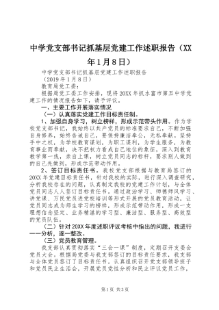 中学党支部书记抓基层党建工作述职报告（XX年1月8日）