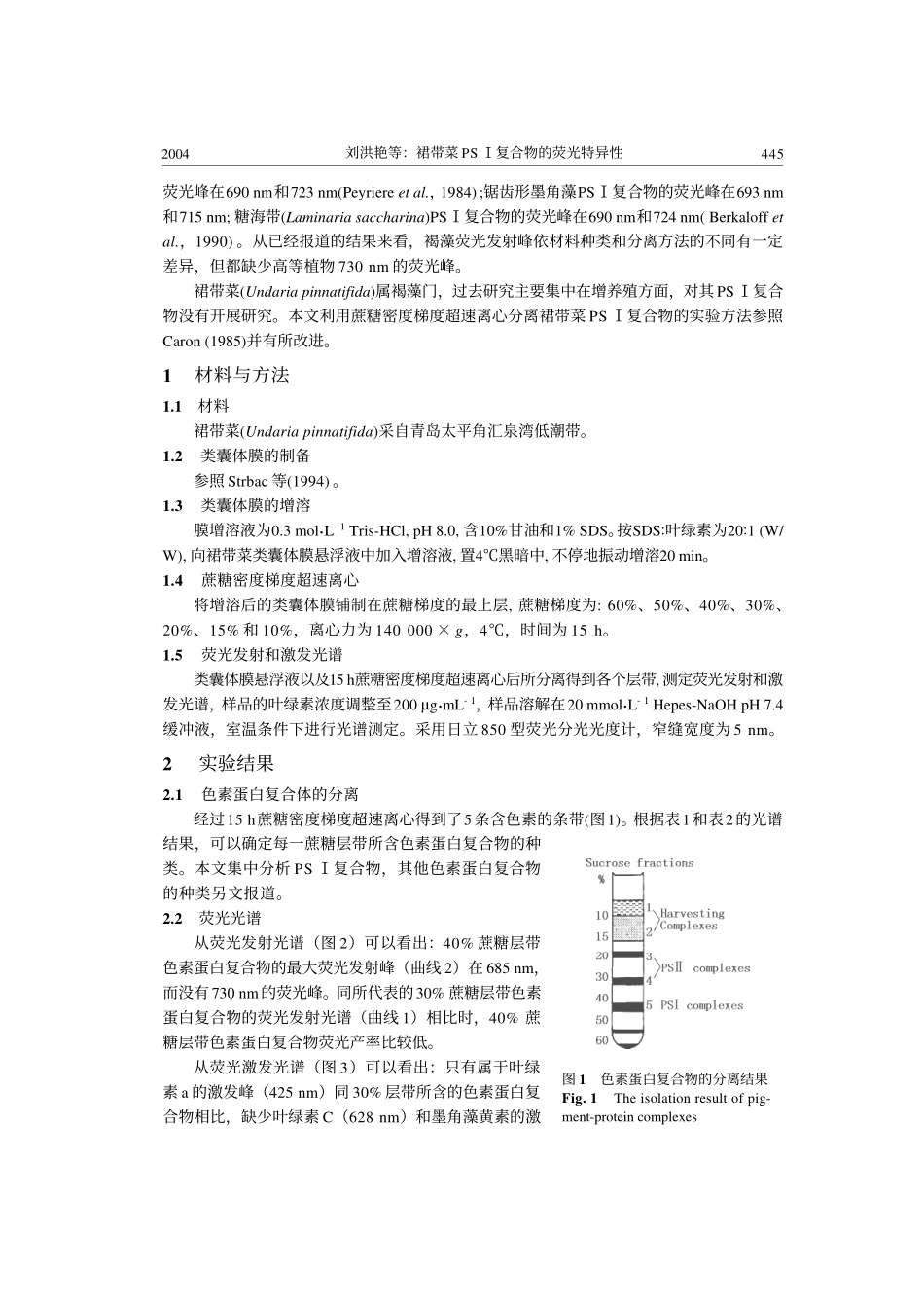 裙带菜PSⅠ复合物的荧光特异性_第2页