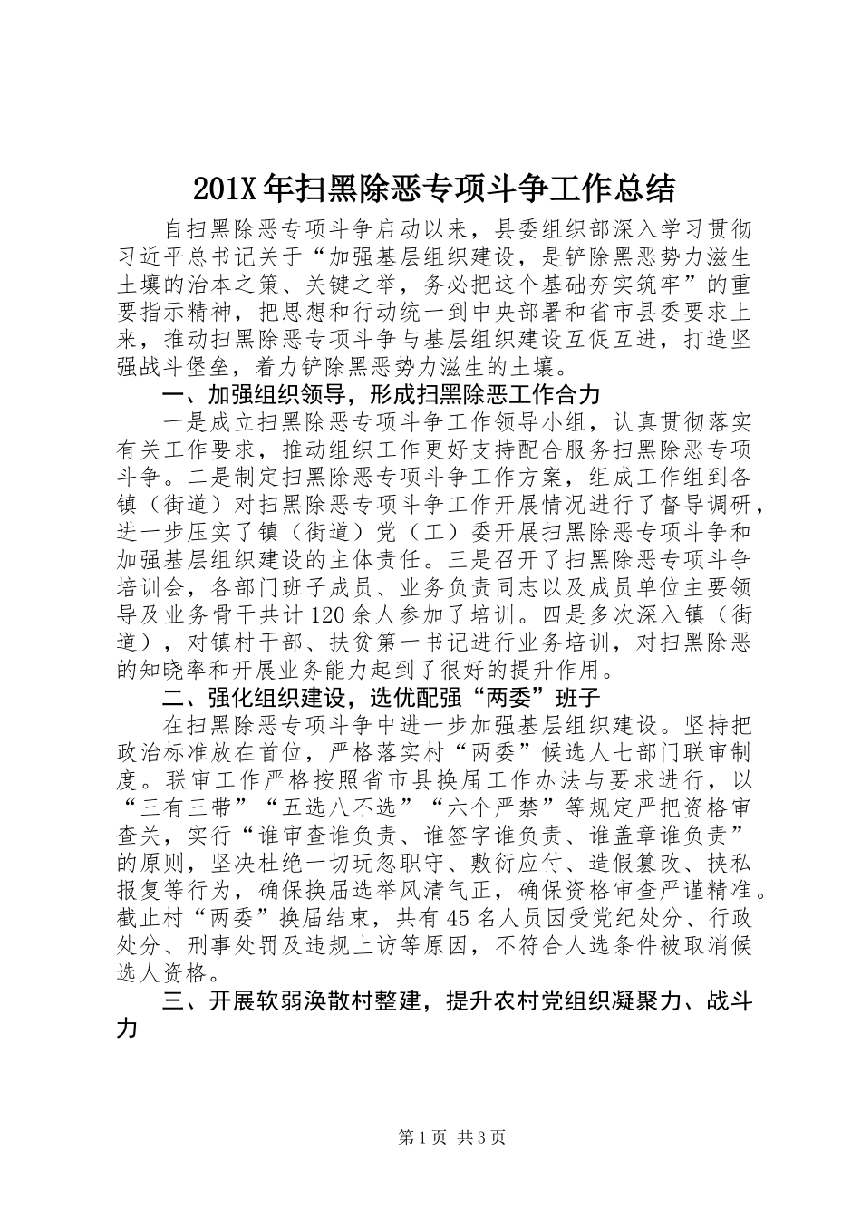 201X年扫黑除恶专项斗争工作总结_第1页